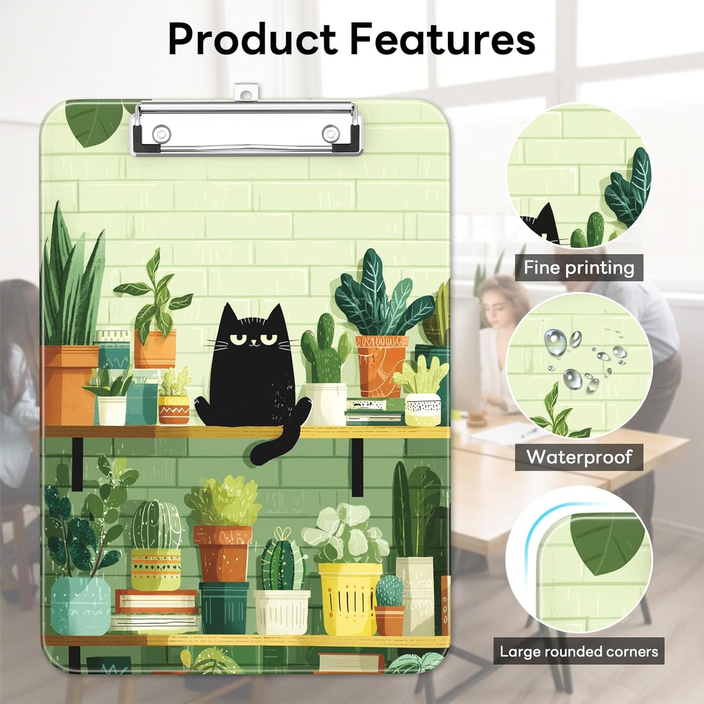 Plastic Cute Clipboard Low-Profile Metal Clip, A4 Letter Size 9 x 12.5 in, 8.5 x 11 Paper Clip Board for Teachers, Nurses, Classroom,Cute Black Cats