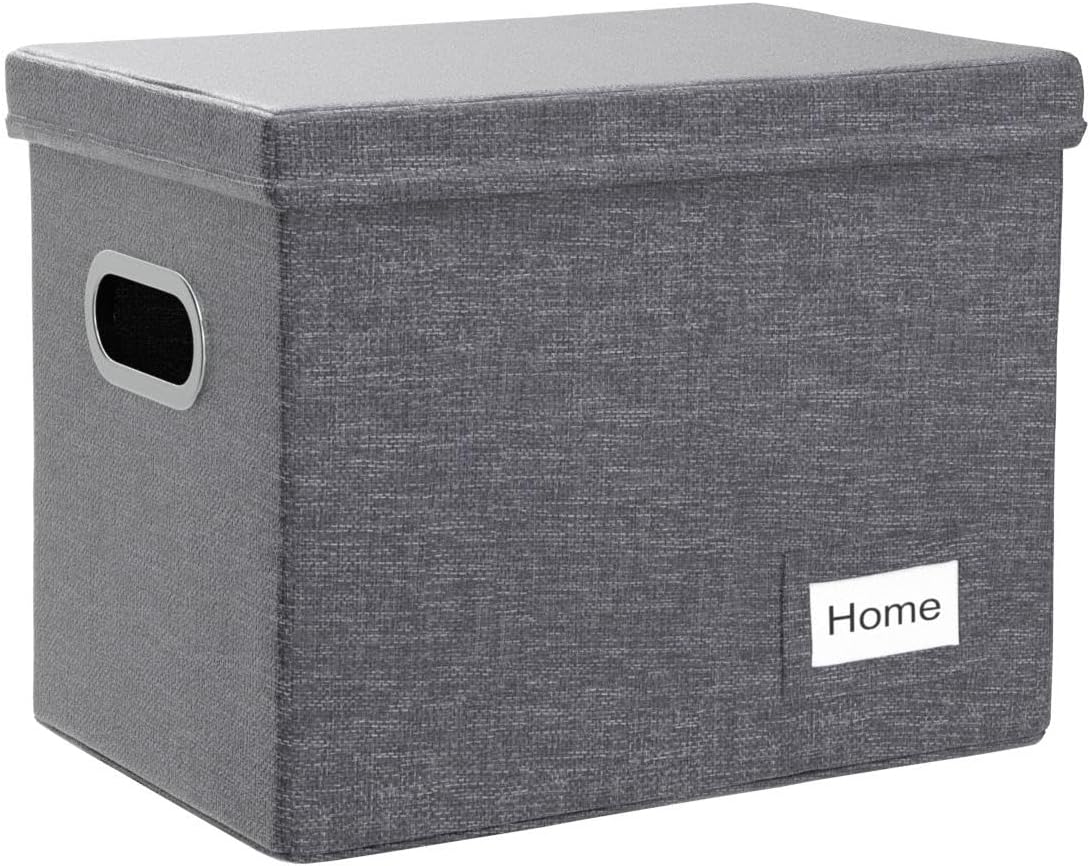 PRANDOM File Organizer Box - Collapsible Decorative Linen Filing Storage with Lids for Letter Size - Grey (14x9.3x10.8 inch)