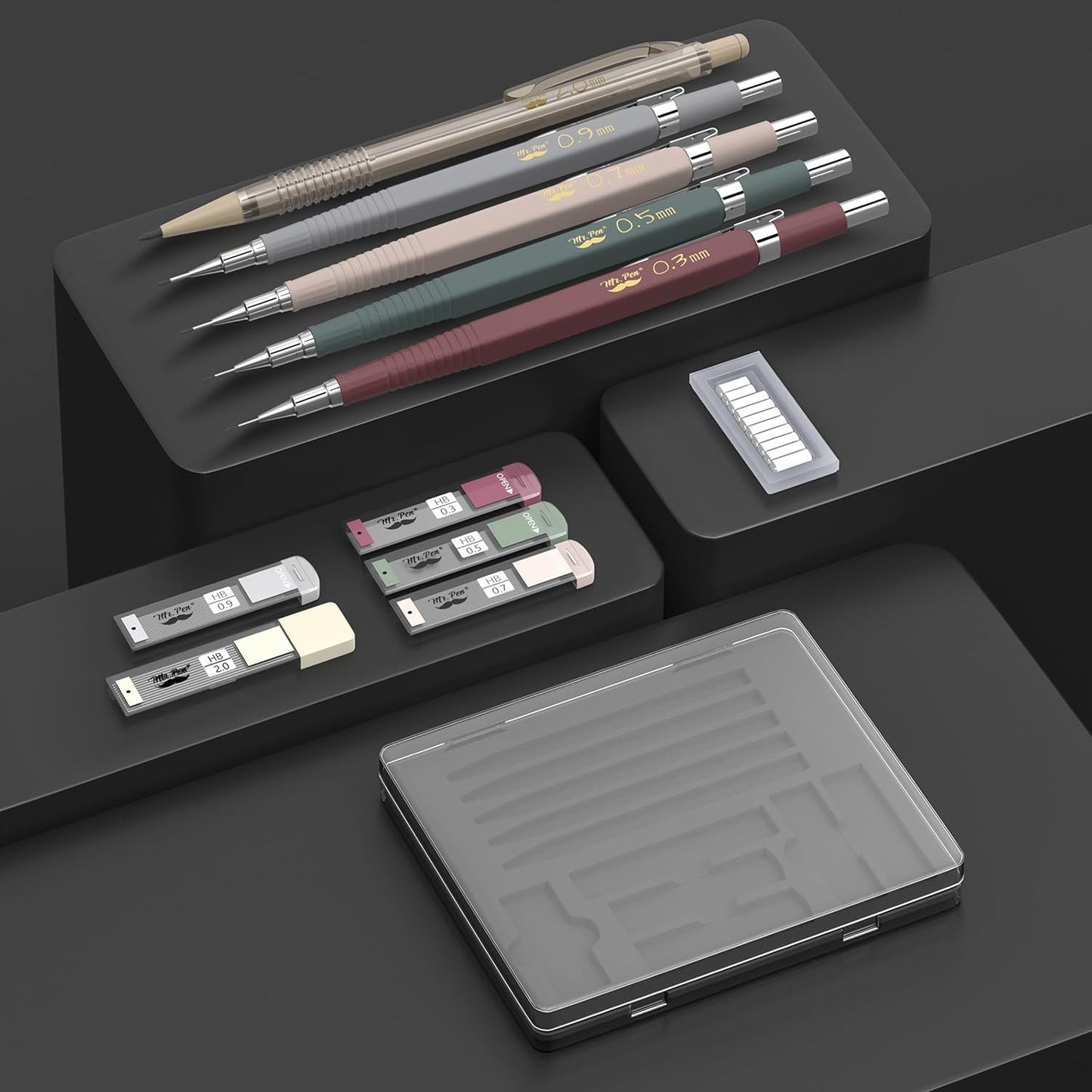 Mr. Pen- Art Mechanical Pencil Set, 5 Vintage Mechanical Pencils (0.3, 0.5, 0.7, 0.9, 2.0mm), 5 HB Lead Refills & 10 Eraser Refills, Precision Drawing Pencils for Sketching, Writing & Artwork
