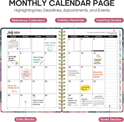 Planner 2026-2027, Academic Year Monthly and Weekly Calendar Planner, Jul 2026 - Jun 2027, Hardcover Teacher Student Planning Agenda book with Tabs, Perfect for School Office Supplies, 6.3" x 8.5" - Wildflowers