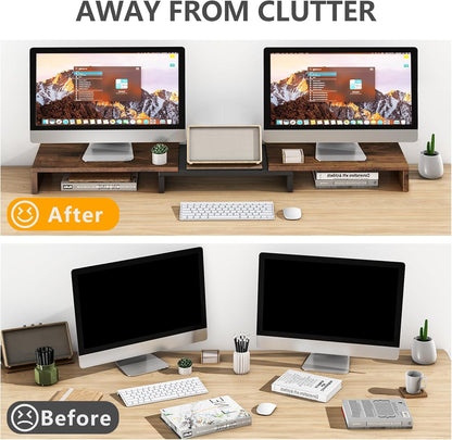 TAVR Dual Monitor Stand Riser Office Desktop Organizer Stand for 2 Monitors, Adjustable Length and Angle 3 Shelf, Extra Long Multifunctional Wooden Stand up to 43.3" fit Computer, Laptop, TV, Black