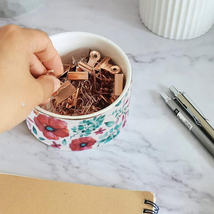 Paper Clip Holder Ceramic Paper Clip Holders Garden Floral Paperclips Holder Dispenser Cute Gold Line Paper Clip Organizer for Desk Binder Clip Holder Bobby Pin Hair Gift for Office Mint Flowers