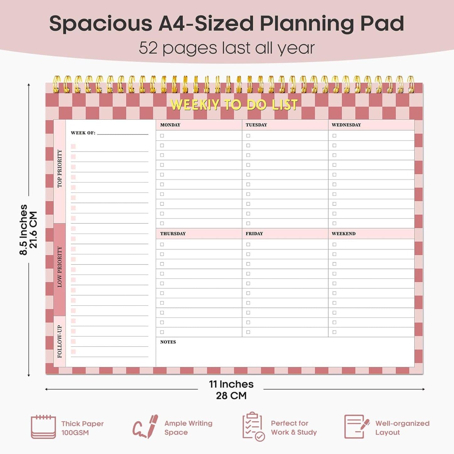Taja Weekly To Do List Notepad with 52 Undated Sheets（8.5"×11"）- Weekly Desk Planner for Women & Man, Work and Home -1 Pack Violet Dream