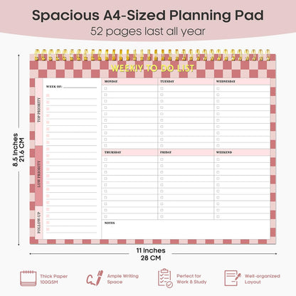 Taja Weekly To Do List Notepad with 52 Undated Sheets（8.5"×11"）- Weekly Desk Planner for Women & Man, Work and Home -1 Pack Violet Dream