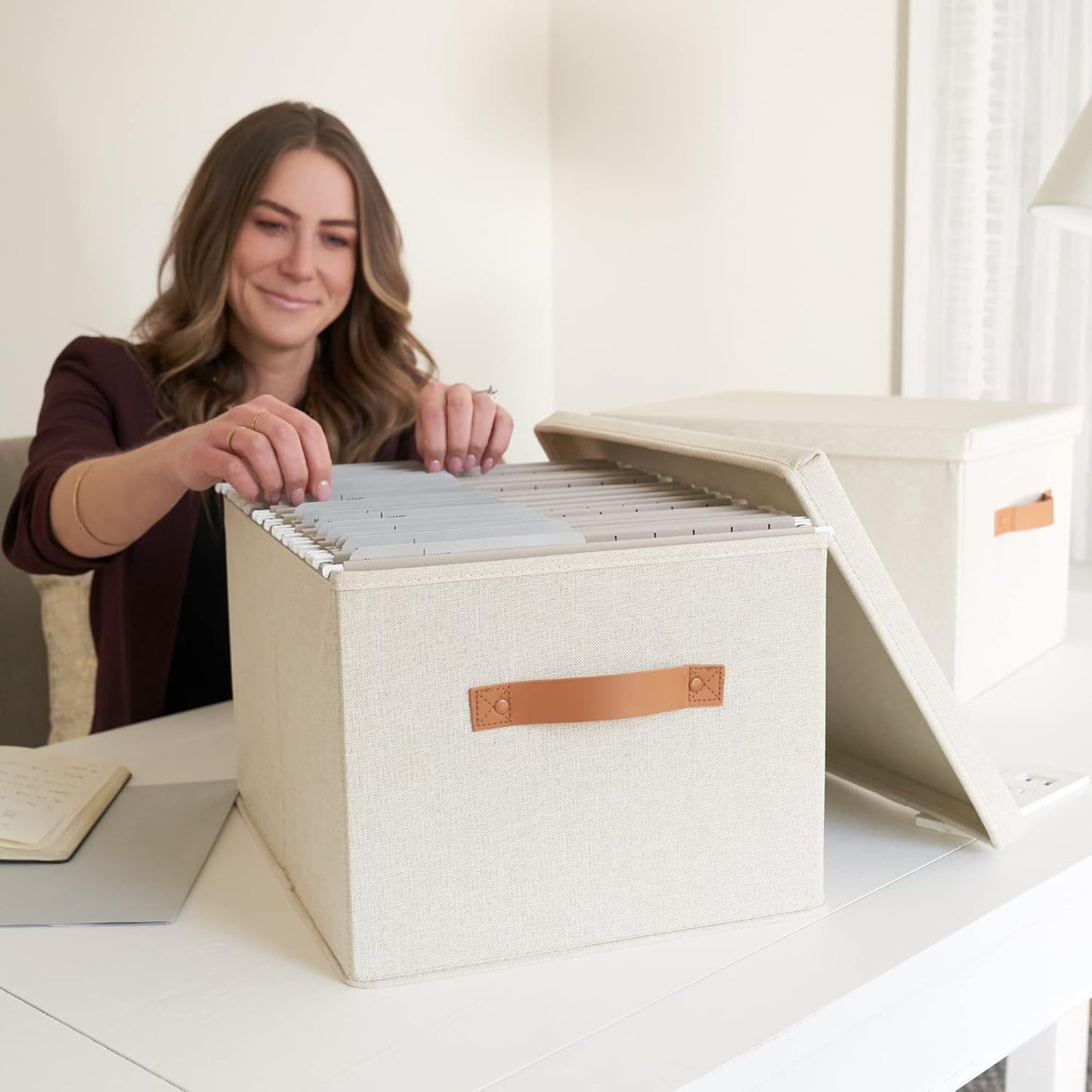 ZICOTO Decorative File Organizer Box Set of 2 - Collapsible Linen Filing Cabinets with Handles Are Perfect to Store All Your Documents & Hanging File Folders - Portable Easy Slide Crates with Lid