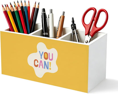 Don't Overthink It Inspirational Pencil Pen Holder for Desk, Pink Positive Affirmations Wooden Box Sign Pen Holder Organizer for Home Office School Desk Accessories