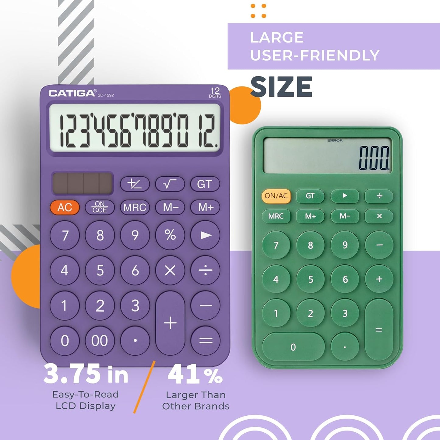 CATIGA 12 Digit Desktop Calculator Basic Desk Calculator with Large LCD Display, Big Buttons, 4 Function, Solar and Battery Dual Power, for Office, School, Home, SD-1292 Green