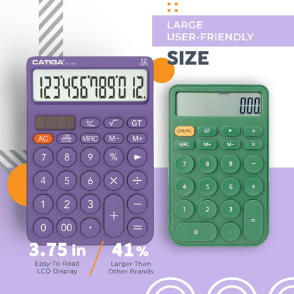 CATIGA 12 Digit Desktop Calculator Basic Desk Calculator with Large LCD Display, Big Buttons, 4 Function, Solar and Battery Dual Power, for Office, School, Home, SD-1292 Green