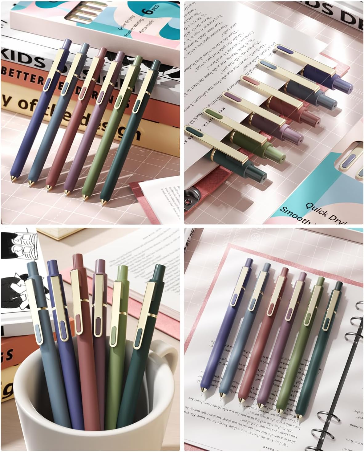 SUNEE Gel Pens, 6 Pack 0.5mm Pens Fine Point Smooth Writing Pens with Quick-Dry Black Ink, Cute Aesthetic School Office Note-Taking Pens for Journaling - Morandi