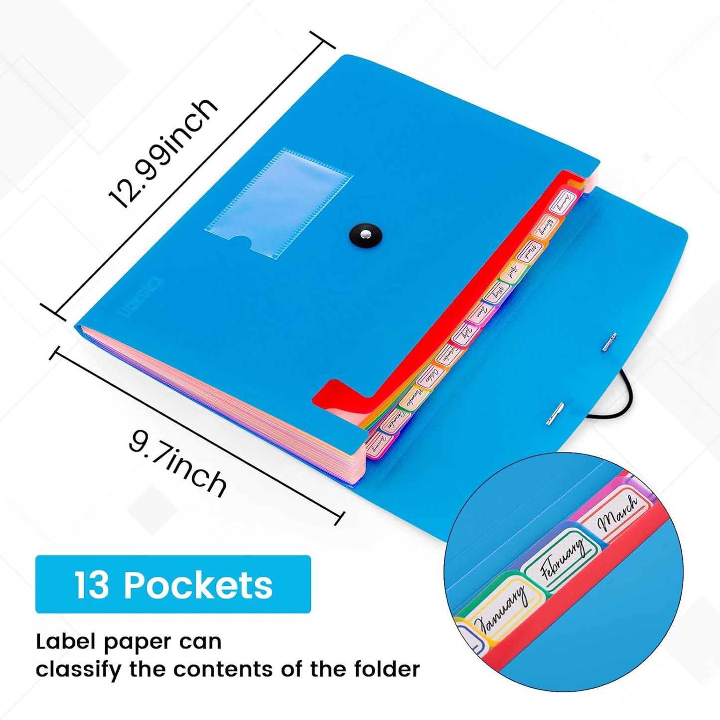 13 Pocket Expanding File Folder Accordian File Organizer, A4 Letter Size Paper Document Receipt Holder for School Office Supplies, Black