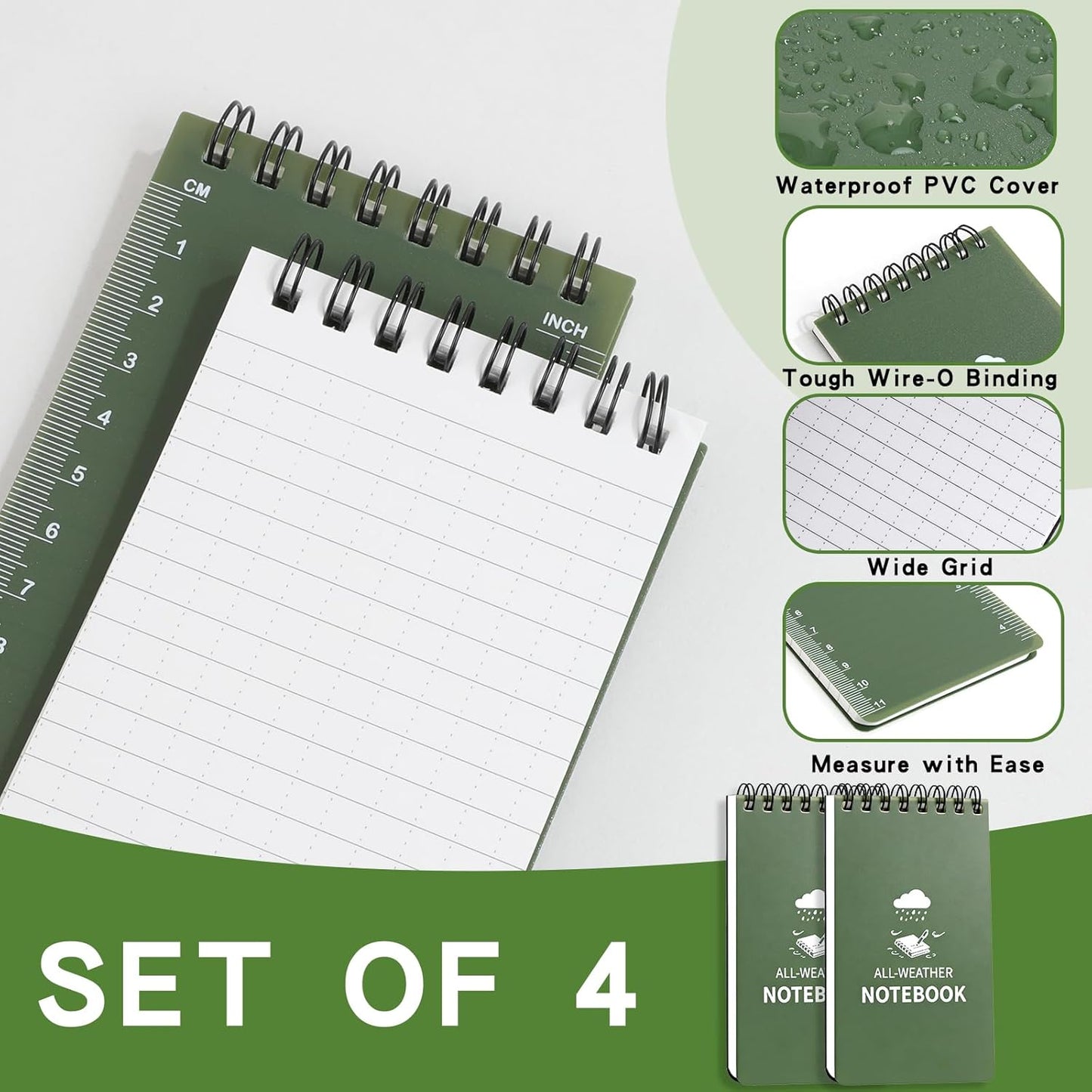 Waterproof Notebook, 4 Pack Pocket Notepad, 3" x 5" Top-Spiral Weatherproof NotePad, All Weather Police Pocket Notebook Mini Memo Steno Note Pads for Outdoor Office School Recording, Black