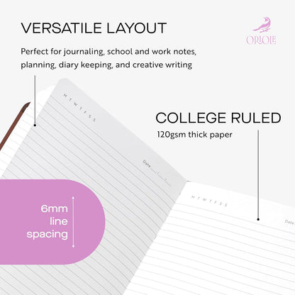 Oriole Vegan Leather Ruled Notebook - Chestnut Brown | 176 Pages of Thick Lined Paper | Soft Touch Hardcover Journal (5 x 8 in) with Gold Foil Bird Design & Luxury Gift Box