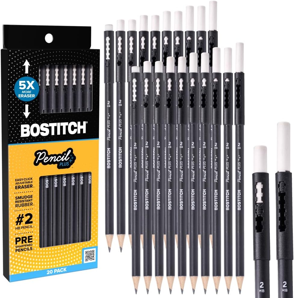 Bostitch, Wood-Cased Pencil Plus, Retractable Eraser, American Cedar Wood, #2 HB, Round, Matte Black, Pre-sharpened, Six Pack