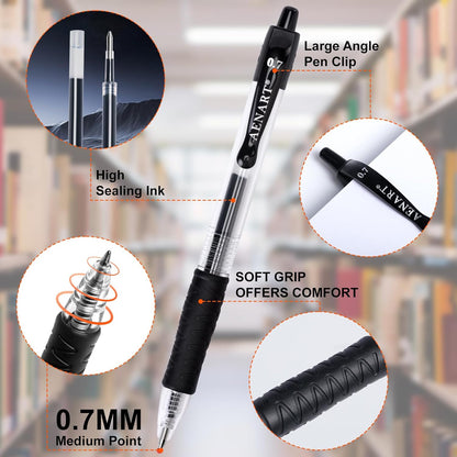 Aen Art Gel Pens Black 0.7mm Fine Point 30 Retractable Gel Ink Pens with Rubber Grip - Quick Dry Roller Pen for Writing, Office, School