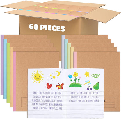 Henoyso 60 Pack Primary Composition Notebook, 9-3/4" x 7-1/2", Kids Primary Journal, K-2 Writing Notebook for Kids Student Draw Write Story Journal Half Blank Books(Macaron Color)