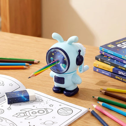jojofuny Cute Rabbit Astronaut Pencil Sharpener for Kids - Heavy Duty Manual Hand Crank with 3 Sharpness Levels, Large Shavings Tray - Cool Space Theme School Supplies Gift for Boys & Girls