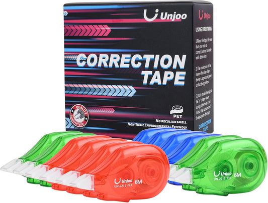 Unjoo White Correction Tape Dispenser, 12-Count Pack, Easy To Use Applicator, Fast, Clean Tear-Resistant Tape For school Supplies, Office (6M/256, 4 colors, Tape Width 0.2in)
