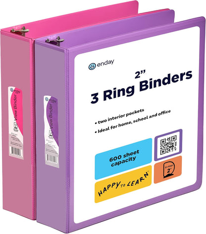 3 Inch Binder (2 Pack) Blue and Purple 3 Ring Binder 3 inch, Clear View Cover with 2 Inside Pockets, Three Ring Binders for Home, Office and School Supplies - Enday