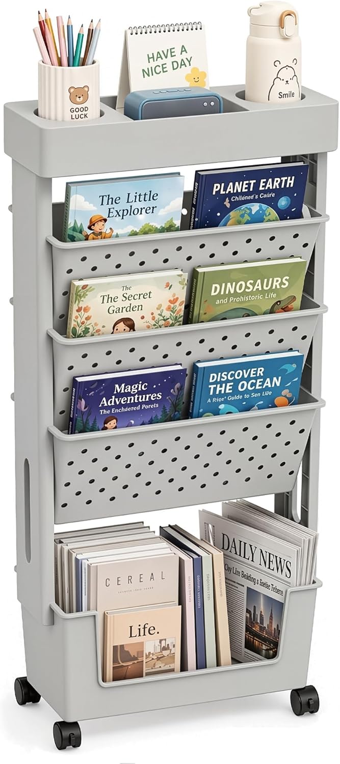 BYFU 6-Tier Movable Bookshelf Cart, Rolling File Storage Paper Organizer Mobile Bookcase with Wheels for Home Office Study Classroom, Black