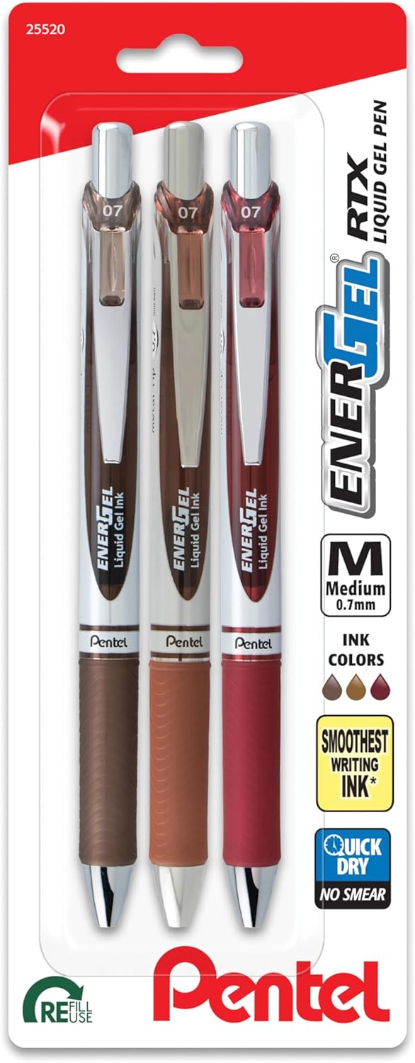 Pentel EnerGel RTX Retractable Liquid Gel Pen, Passion Hue, 0.7mm, Assorted Violet Ink Pack of 3 Pens (BL77PASBP3M)