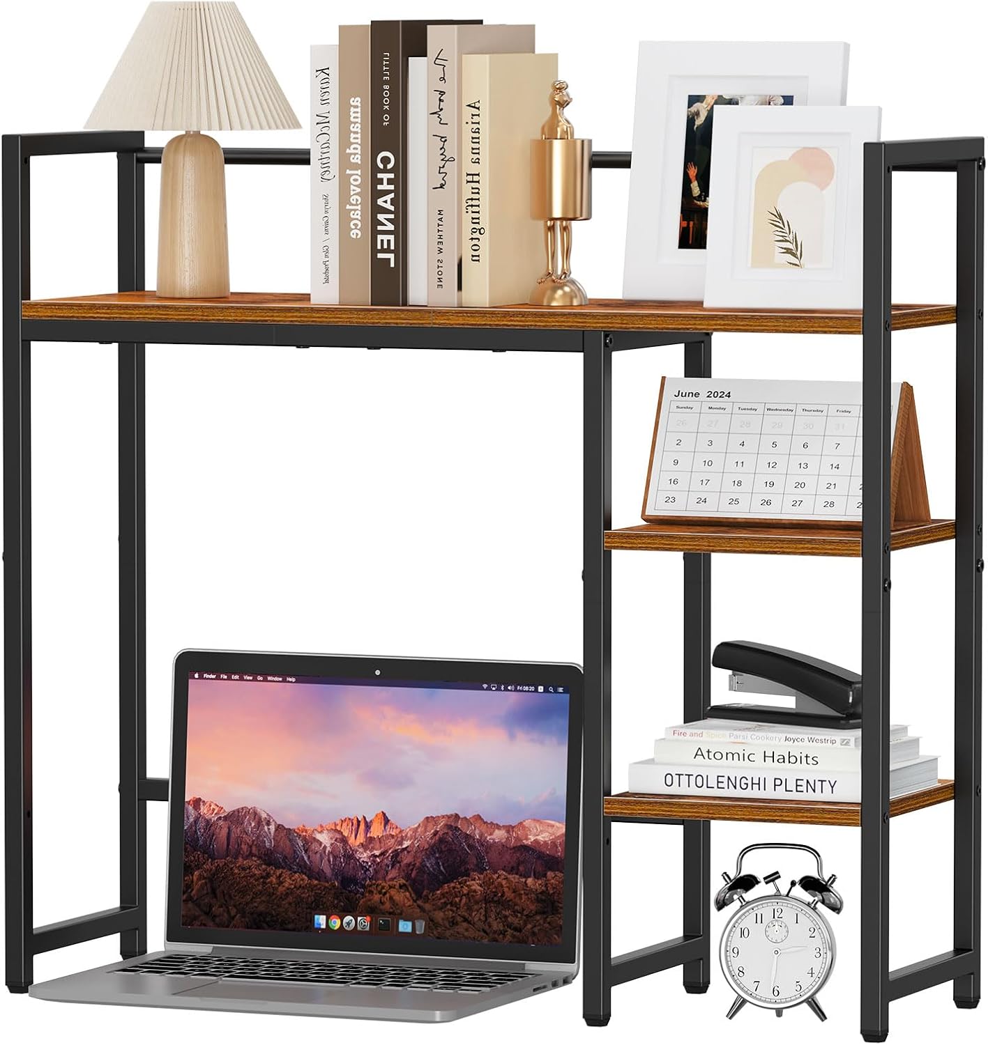 Snughome Desk Shelf, 38.6" Desktop Organizer Shelf, Desk Hutch for Computer Monitor, 4 Tier Desk Display Rack, Wood Desktop Bookshelf Storage Rack for Home Office Dorm, Rustic Brown | Desk Hutch, Computer Monitor, Desktop Display Rack, Home Office Dorm