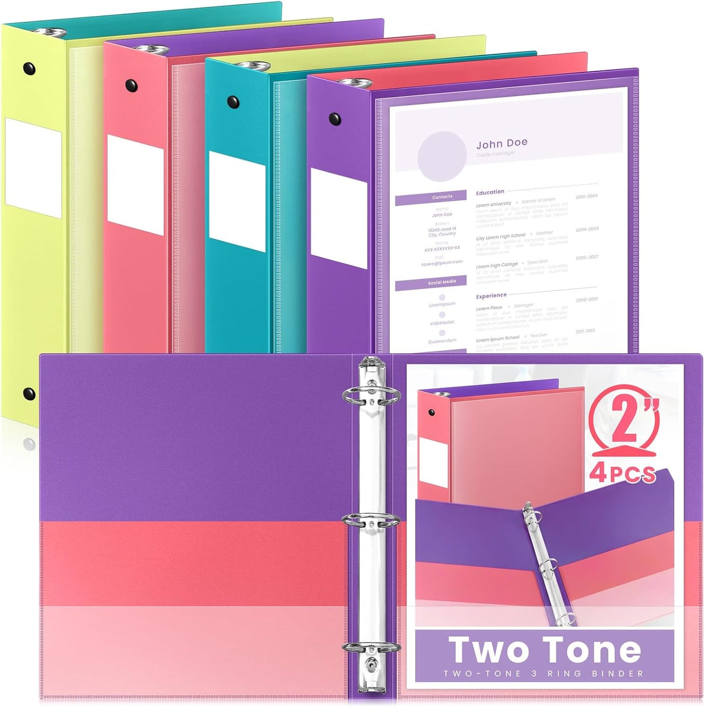 Henoyso 4 Pack Plastic Two-Tone View 3 Ring Binder, 1 Inch Round Ring Binder with Four Inner Pockets, Heavy Duty View Binders for School and Office, Pink, Teal, Purple and Lime (Clear Font Pocket)
