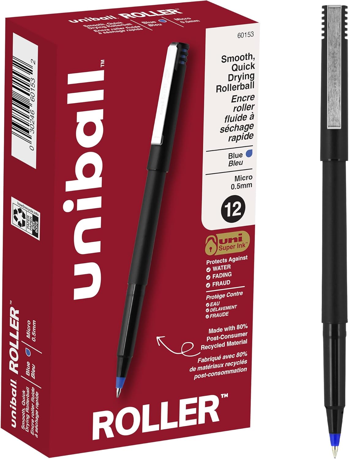 uniball Roller Rollerball Pens, Micro Point (0.5mm), Blue, 12 Pack