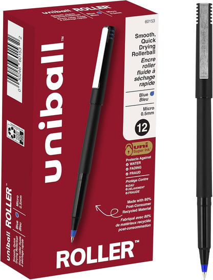uniball Roller Rollerball Pens, Micro Point (0.5mm), Blue, 12 Pack