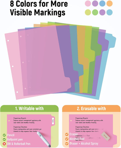 16 PCS 8 Tab Binder Dividers for 3 Ring Binder,Thicken, Write & Erase Reusable Waterproof Plastic Binders for School & Office Files, 2 Set, Extra 40 Labels
