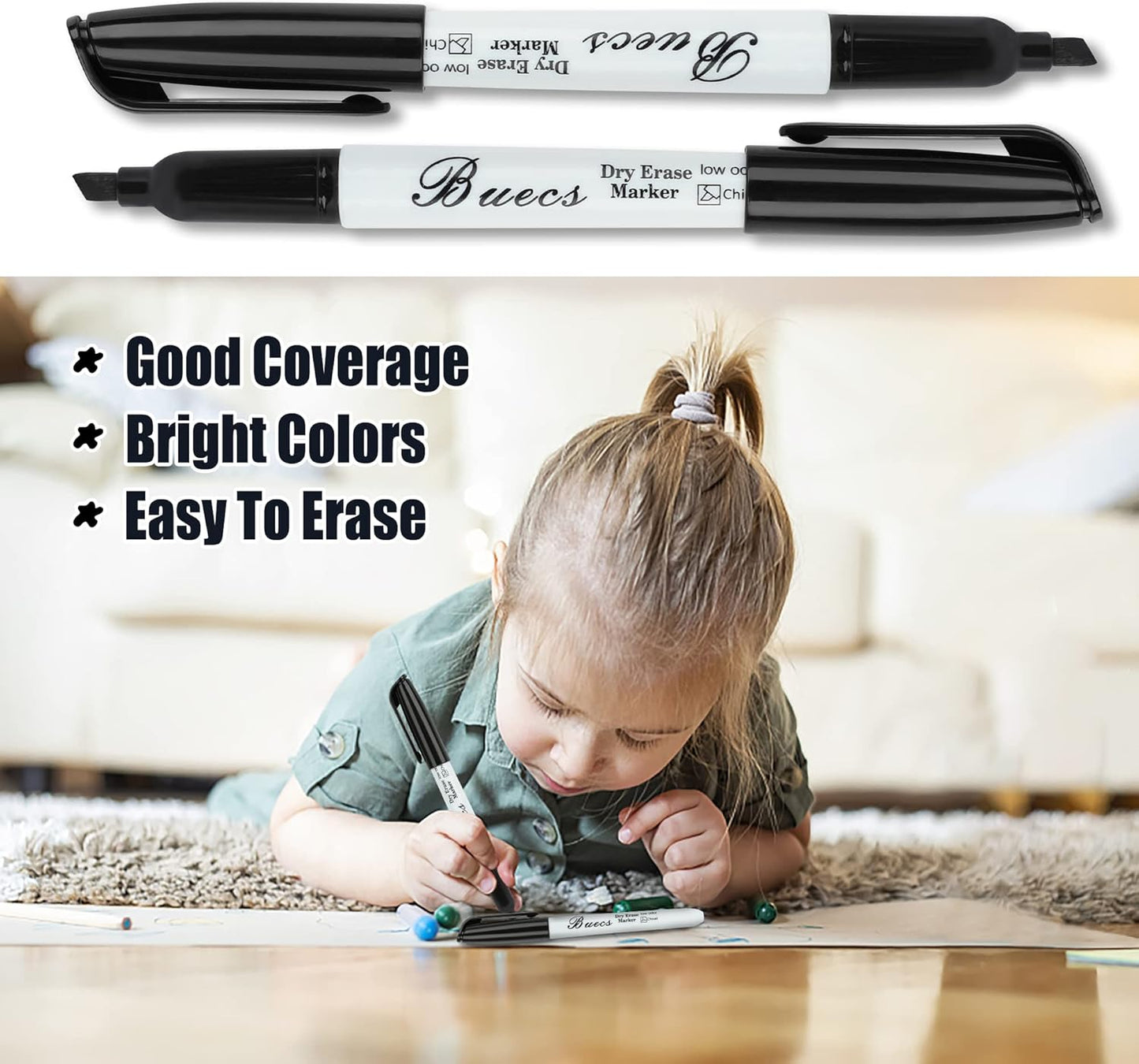 Buecs Black Dry Erase Markers, Low-Odor, 108 Count, Chisel tip, Perfect for Writing on Whiteboards, Dry-Erase Boards, Glass, School Office Supplies