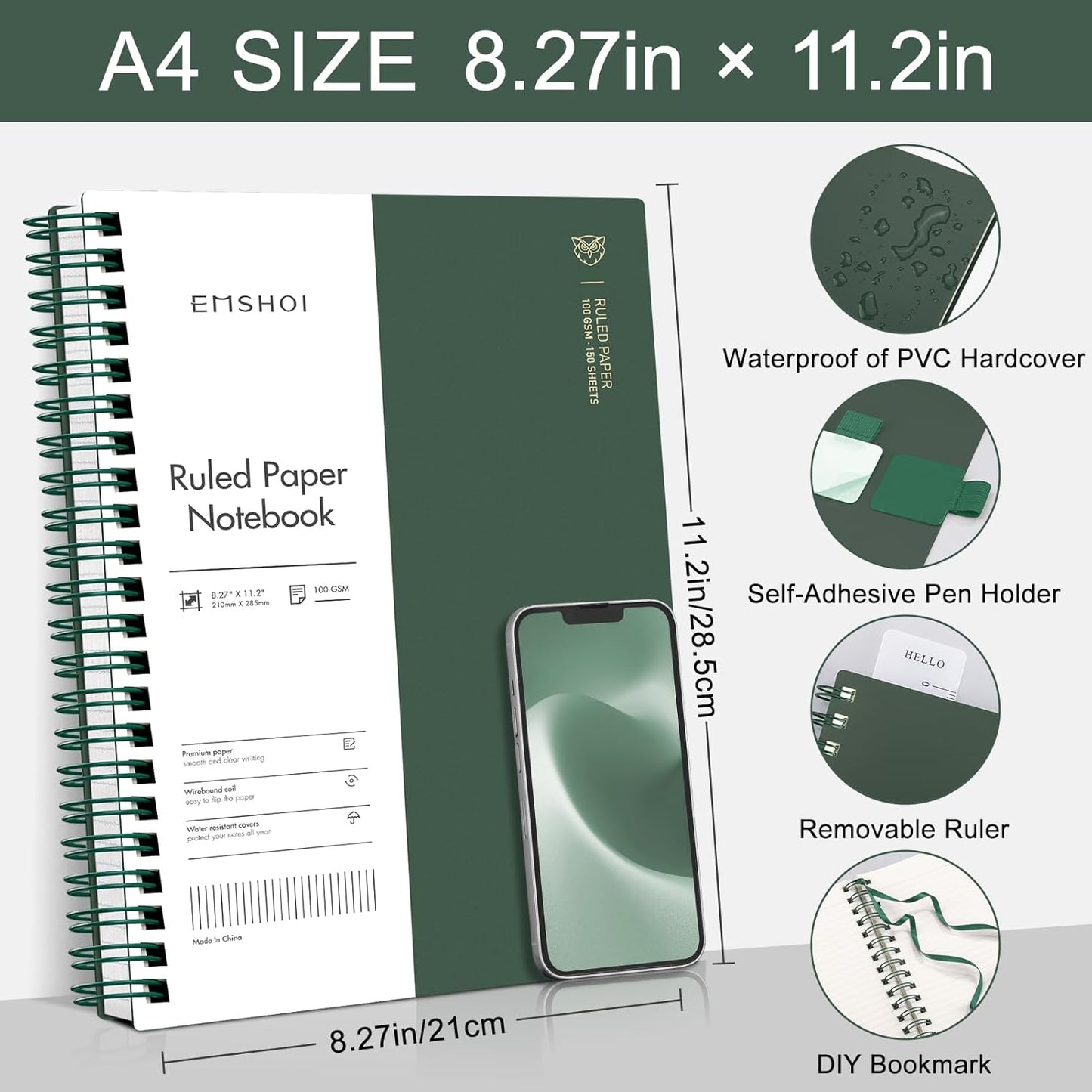 EMSHOI A5 Spiral Notebook College Ruled Lined Journal, Small 5.7" X 8.22", 300 Pages/150 Sheets, 100gsm Thick Paper, Waterproof Hardcover, for Office School Women Men Work Writing Notes, Blue