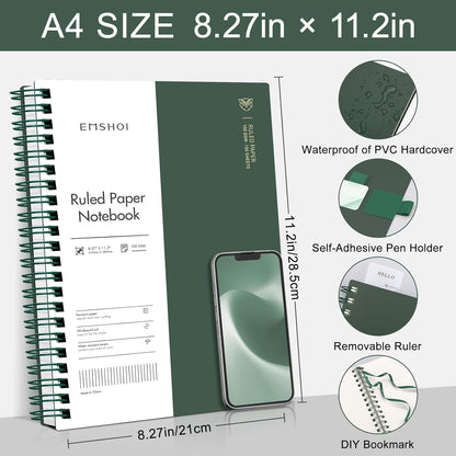 EMSHOI A5 Spiral Notebook College Ruled Lined Journal, Small 5.7" X 8.22", 300 Pages/150 Sheets, 100gsm Thick Paper, Waterproof Hardcover, for Office School Women Men Work Writing Notes, Blue