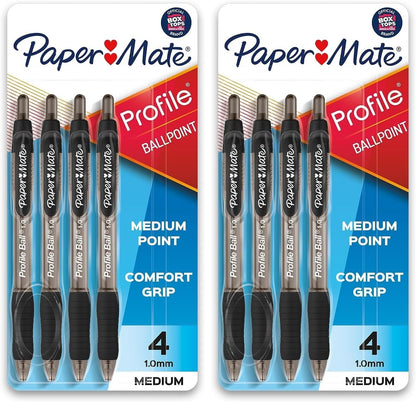 Paper Mate Profile Ballpoint Pen, Retractable, Medium 1 Mm, Black Ink, Translucent Black Barrel, 4/pack