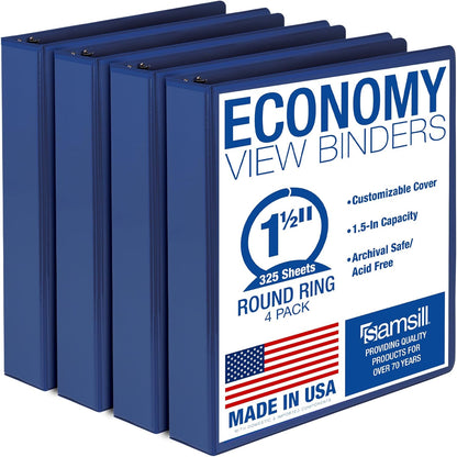 Samsill 1.5 Inch 3 Ring Binders, Economy Round Ring, Clear View Cover, 325 Sheet Capacity - for School, Home, Office - White, 4 Pack