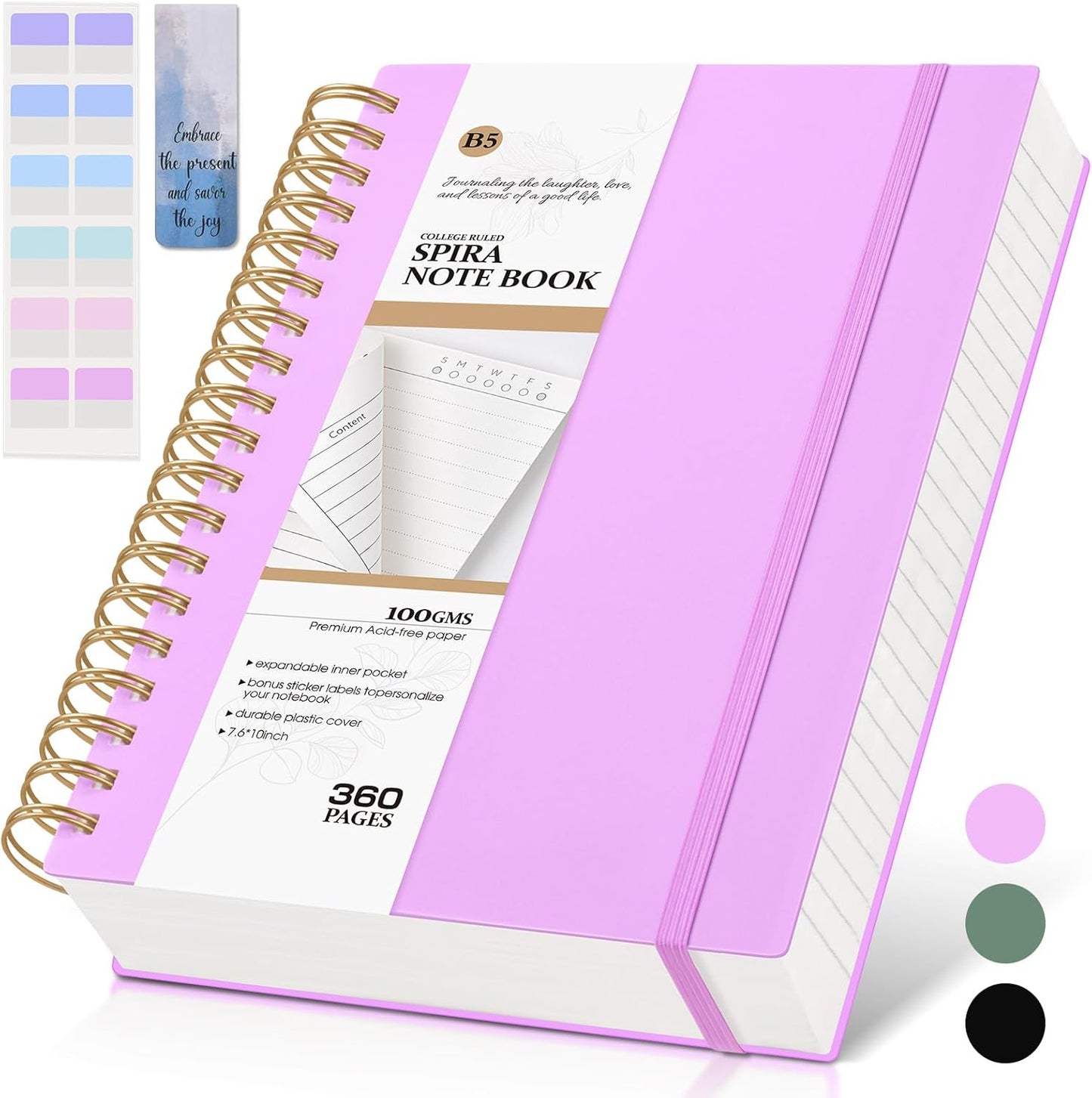 MUAHLIUB Spiral Notebook Journal College Ruled, 360 Pages Lined Thick Journals for Women Men, B5 Big Notebooks with 100GSM Paper, Spiral Bound Journaling for Writing Work School Black 7.6"×10"