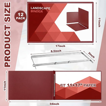 12 Pcs 11''x17'' Report Covers, Binder Folders with Clear Pocket, Capacity Presentation Binder Folder with 3" Metal Prong Paper Fastener for School Portfolio Business Document Storage Proposals(Red)