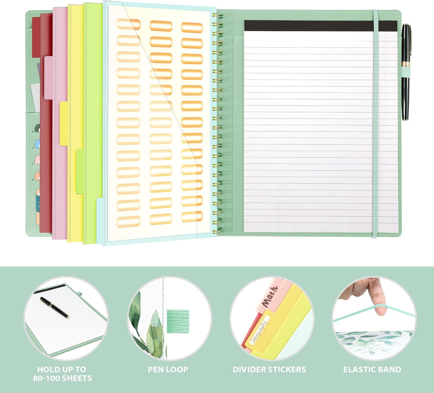 Ospelelf Clipboard with Storage for Women, Leather Padfolio Portfolio Organizer 5 Folders with 10 Pockets, Spiral Clipboard Folio with Notepad for Letter Size, Elastic Closure and Pen Loop Floral