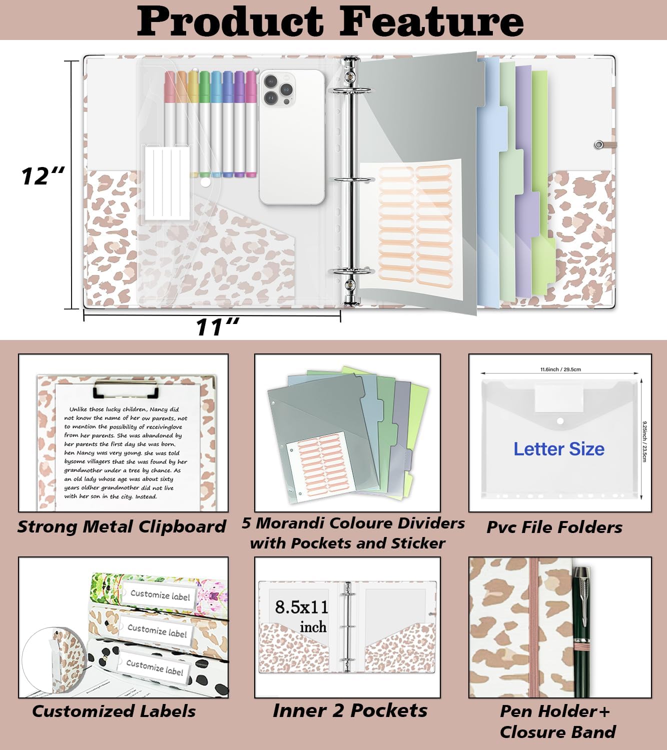 3 Ring Binder 1 Inch, Three Ring Binders Organizer with Clipboard, 5-Tabs Pockets Dividers, Plastic Folder, 18 Divider Stikers, BVSSX Pretty Binder with Pen Loop (Black Weeds, Letter Size)