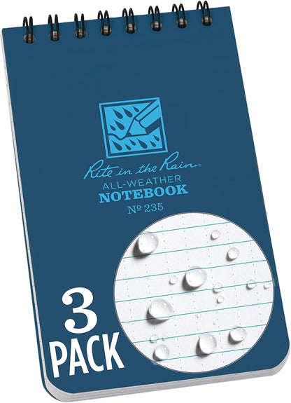 Rite in the Rain Weatherproof Top Spiral Notebook, 3" x 5", Black Cover, Universal Pattern, 3 Pack (No. 735-3X)