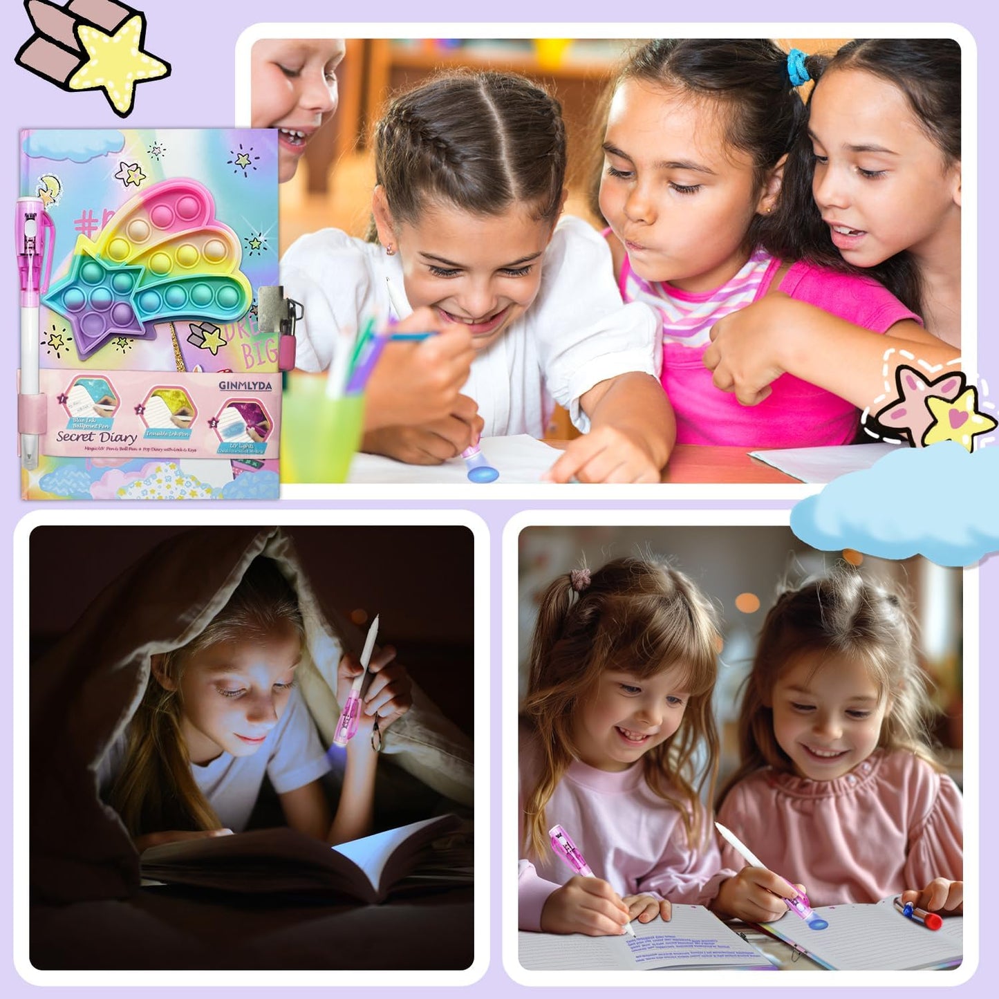 Pop Girls Diary with Lock and Invisible Ink Double-end Pen, 7.5x5.4” 160 Lined Page Fidget Colorful Heart Girls Journal for Kids Secret Notebook Pen Set Birthday Gifts for Girls 5 6 7 8 9 10 Years Old