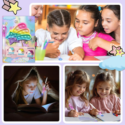 Pop Girls Diary with Lock and Invisible Ink Double-end Pen, 7.5x5.4” 160 Lined Page Fidget Colorful Heart Girls Journal for Kids Secret Notebook Pen Set Birthday Gifts for Girls 5 6 7 8 9 10 Years Old