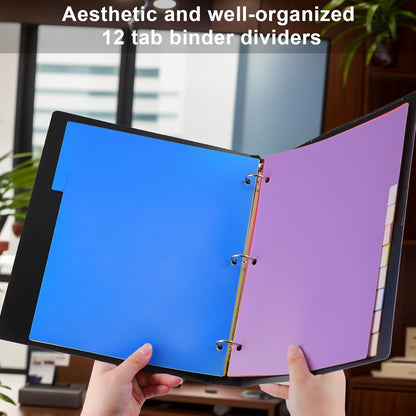 HABGP 12 Tab Dividers for 3 Ring Binder, 12 Pcs Multicolor 3 Ring Binder Dividers with Tabs, Page Folder Dividers, Plastic Tabbed File Dividers with Tabs, Three Ring Binder Index Dividers, 1 Set