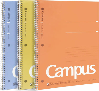 KOKUYO Spiral Notebook, 3 Pack Campus 10-1/2" x 8" Subject Notebooks with College Ruled, 80 Sheets, Pink Blue Green 3 Holes School Spiral Journal for Work Study Note Taking (WSG-SU-400G1×3)