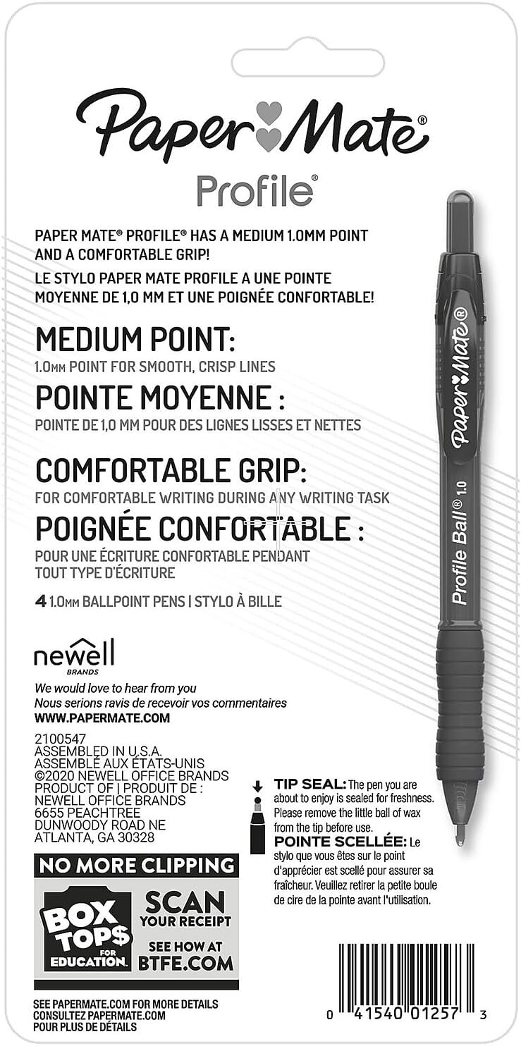 Paper Mate Profile Ballpoint Pen, Retractable, Medium 1 Mm, Black Ink, Translucent Black Barrel, 4/pack