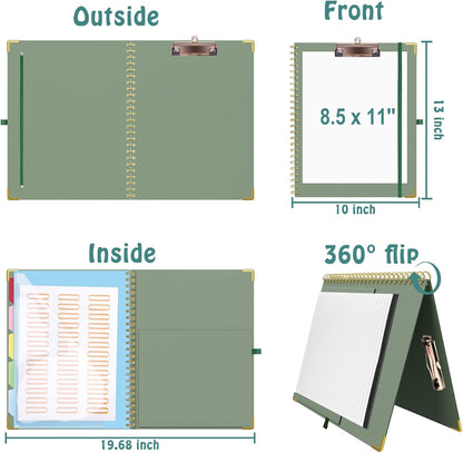 HAUTOCO Clipboard Folio with Refillable Notepad for Letter Size (11" x 8.5"), 5 Dividers with 10 Pockets, Elastic Pen Holder and File Folder Labels, Spiral Nurse Clipboard Artboard(Green)