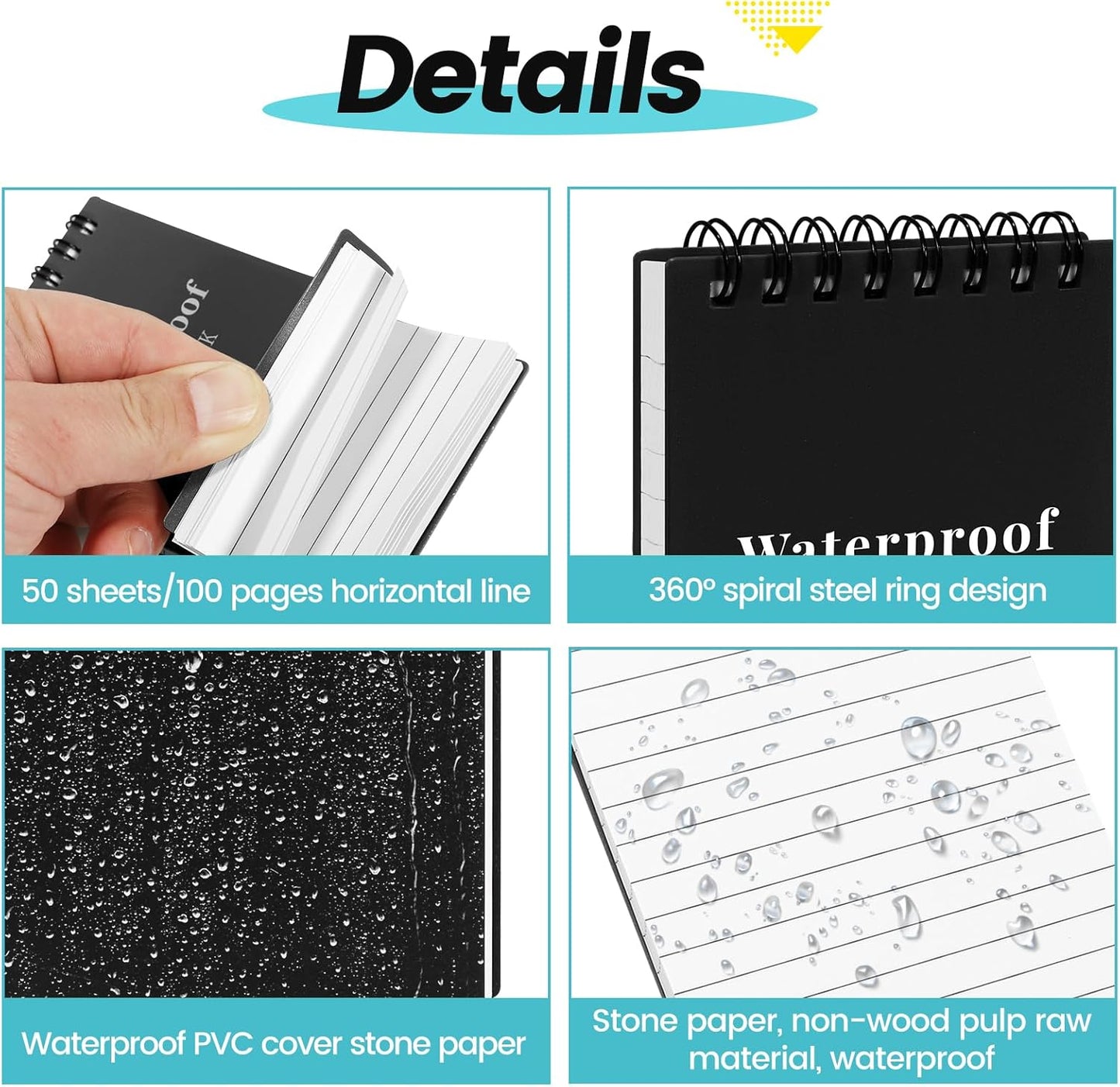 wavamawa 6 Pack Waterproof Notebook, 3x5 Pocket Notepad, Small Top Spiral Stone-Paper Notepad, Mini Pocket Notebook, Little Memo Note Pads for Outdoor, Office, School, Travel (Black)