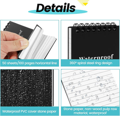 wavamawa 6 Pack Waterproof Notebook, 3x5 Pocket Notepad, Small Top Spiral Stone-Paper Notepad, Mini Pocket Notebook, Little Memo Note Pads for Outdoor, Office, School, Travel (Black)