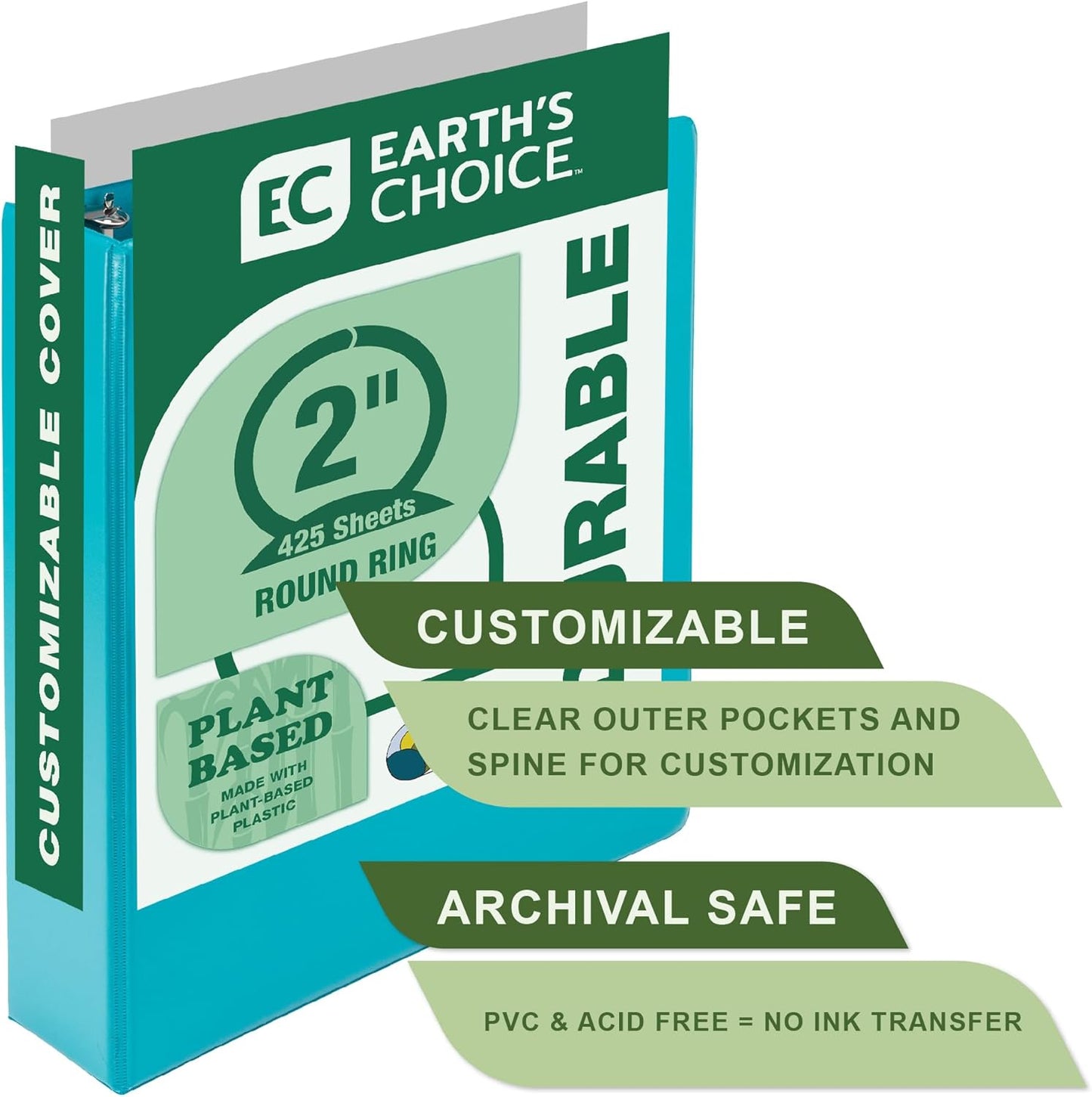 Samsill Plant-Based 2 Inch Durable Round Ring, View Binder, Eco-Friendly, USDA Certified Biobased, Single, Turquoise