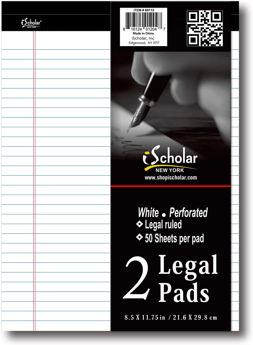 iScholar iQ Legal Pads, White, Wide Ruled, 8.5" x 11.75", 50 Sheets Per Pad, Pack of 3 Pads (68113)
