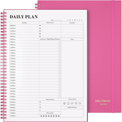 Daily Planner Undated, Asten To Do List Notebook Hourly Schedules Spiral Appointment Planner for Men and Women,PVC Hardcover,Elastic Closure, Inner Pocket 8.3" x 5.8" (Black)